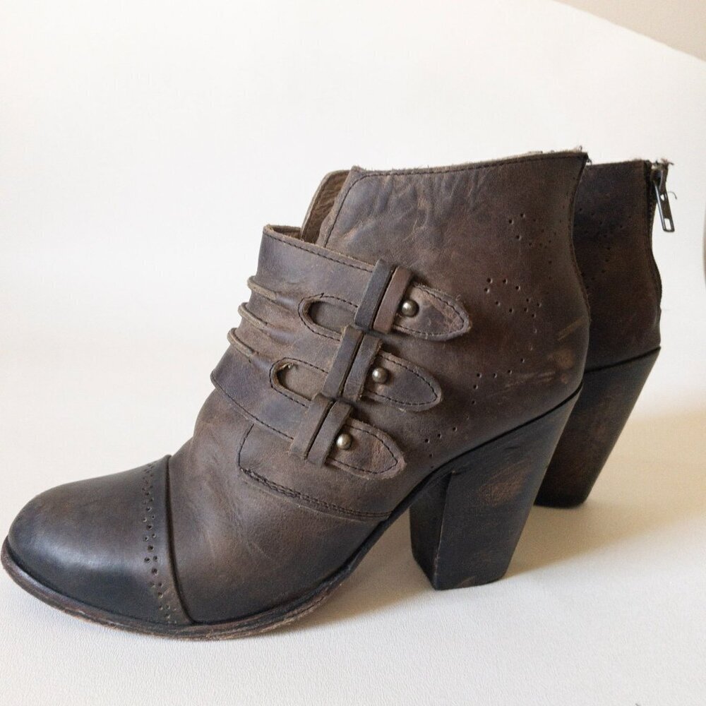 Freebird By Steven Malbc Brown Leather Block Heel Ankle Boots SZ 7 - Picture 2 of 16
